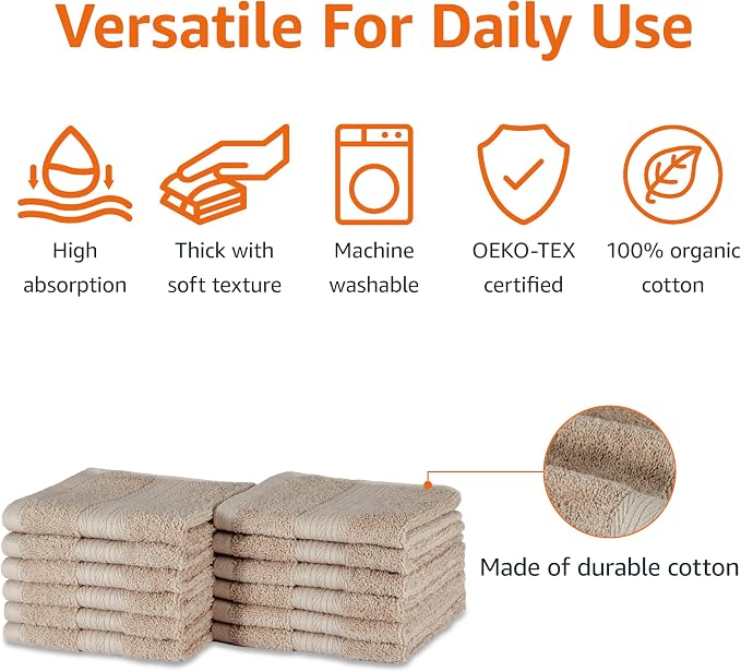 Amazon Basics Fade-Resistant Highly Absorbent 100% Cotton Washcloths, Machine Washable, 12"x12", Taupe, 12-Pack
