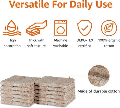 Amazon Basics Fade-Resistant Highly Absorbent 100% Cotton Washcloths, Machine Washable, 12"x12", Taupe, 12-Pack