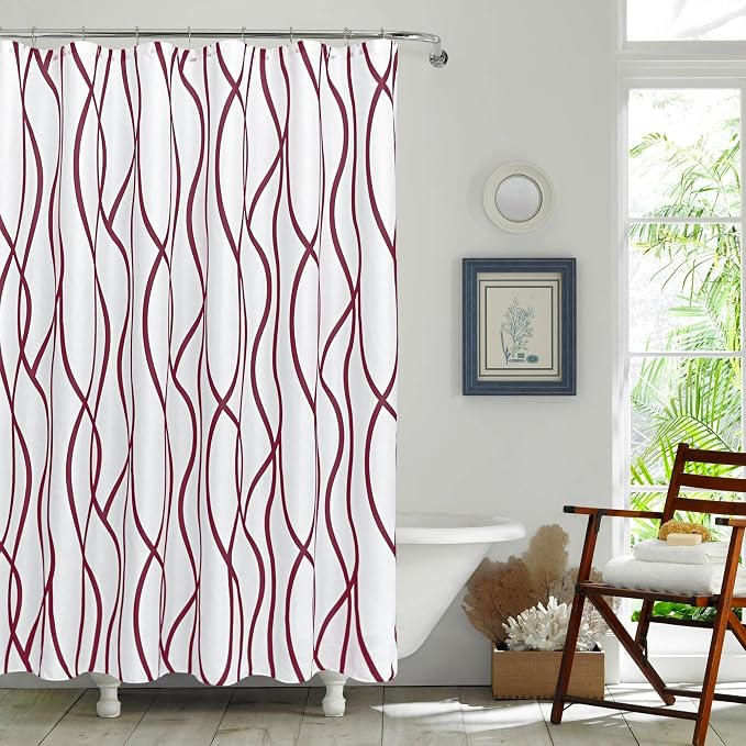 Fabric Modern Extra Long Shower Curtains for Bathroom-Burgundy and White | 72"W x 84"L Textured Faux Linen Luxury Hotel Quality Washable-Abstract Wavy Cloth Bath Curtain-Apartment Minimalist Decor