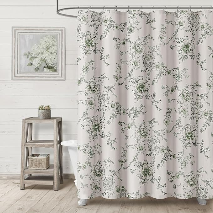 Farmhouse Floral Cotton Shower Curtain, Vintage Green Pattern Rustic Shower Curtains for Bathroom, 72x72