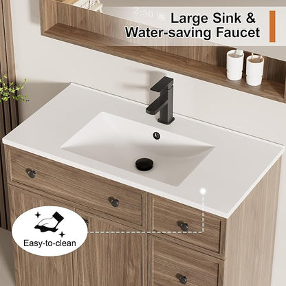 LUCKWIND 36" Bathroom Vanity Sink Combo, Modern Bathroom Cabinet with Undermount Solid Surface Vanity Sink, Soft-Close Hinges & Water-Saving Faucet, Taupe