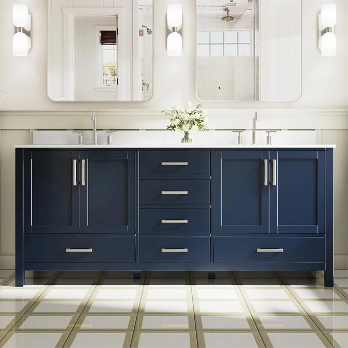 80-Inch Bathroom Vanity with Sink, 4 Soft-Close Doors and 6 Soft-Close Drawers, Bathroom Freestanding Vanity with Cultured Marble Countertop, Navy Blue Vanity with Brushed Nickel Handles