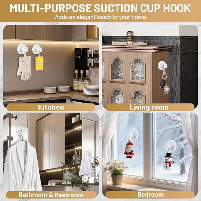 Suction Cup Hooks for Shower No-Drill Bathroom Hooks for Towels, Robes, Loofah Mountable on Bathroom Walls, Kitchen, Glass, Mirrors, Tile and Smooth,Non-Porous Surfaces (2, White)