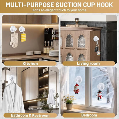 Suction Cup Hooks for Shower No-Drill Bathroom Hooks for Towels, Robes, Loofah Mountable on Bathroom Walls, Kitchen, Glass, Mirrors, Tile and Smooth,Non-Porous Surfaces (2, White)