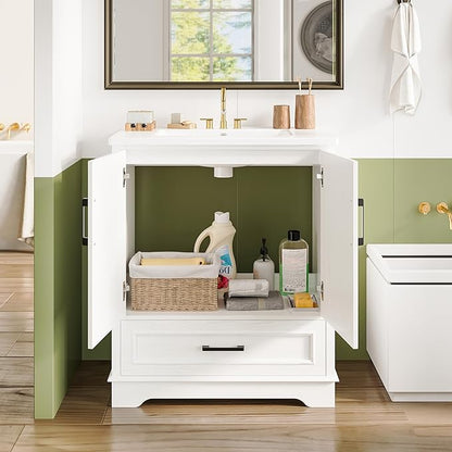 IRONCK 30" Bathroom Vanity with Ceramic Basin,Modern Under Sink Cabinet with 2 Soft Closing Doors and 1 Drawer, Free Standing Bathroom Storage Cabinet with Sink Combo Set,NO Faucet Accessories, White