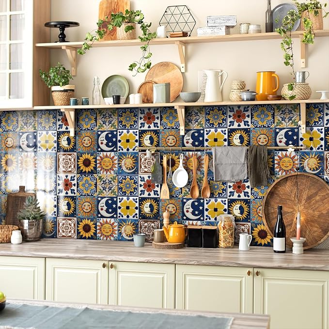 Adhesive Moroccan wall Tile Stickers 6x6in Stick on backsplash Tiles,12Pcs | high end removable&waterproof sticker tiles for kitchen RV bathroom laundry backsplash decor,Ultra-HD sun moon pattern
