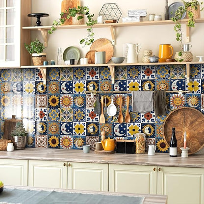 6X6 in Tile Decals Stick on Backsplash for Kitchen Wall,12Pcs | 1.6mm-FOAM+PE Tile Stickers,Sun/Moon Pattern Mexican Tiles for Bathroom,Cabinets,RVs