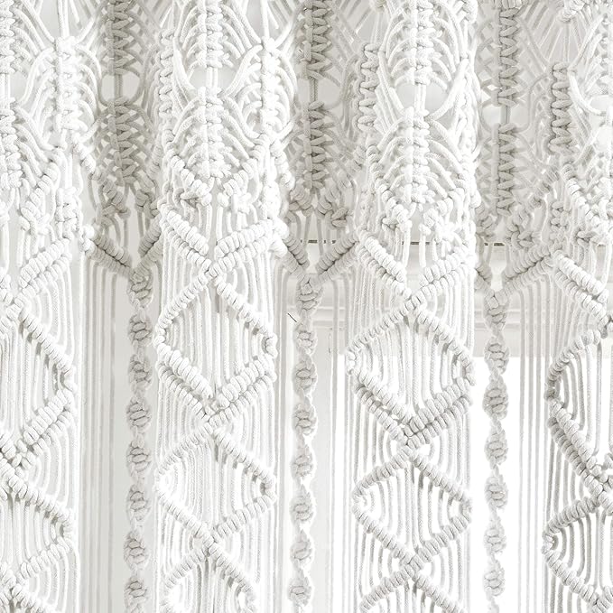 Lush Decor Boho Macrame Textured Cotton Valance, 40" W x 30" L, White - Boho Kitchen Curtains & Wall Decor - Macrame Valance - Bathroom Window Curtains