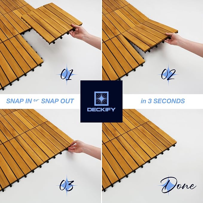 Acacia Interlocking Deck Tiles Outdoor Waterproof, Golden Teak Striped | Natural Acacia Wood, Raised Base Drainage, Non-Slip Grip, 490 lb Capacity, Oil-Rubbed Finish,Easy Clean,Tool-Free