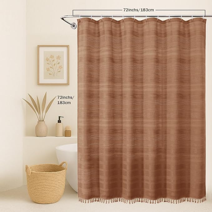 Terracotta Shower Curtain for Bathroom - Farmhouse Linen Textured Shower Curtain with Tassel, Rustic Striped Heavy Duty Vintage Country Bathroom Curtain, 72Wx72L Inches