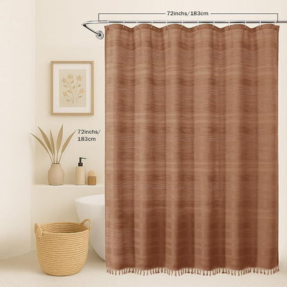 Terracotta Shower Curtain for Bathroom - Farmhouse Linen Textured Shower Curtain with Tassel, Rustic Striped Heavy Duty Vintage Country Bathroom Curtain, 72Wx72L Inches