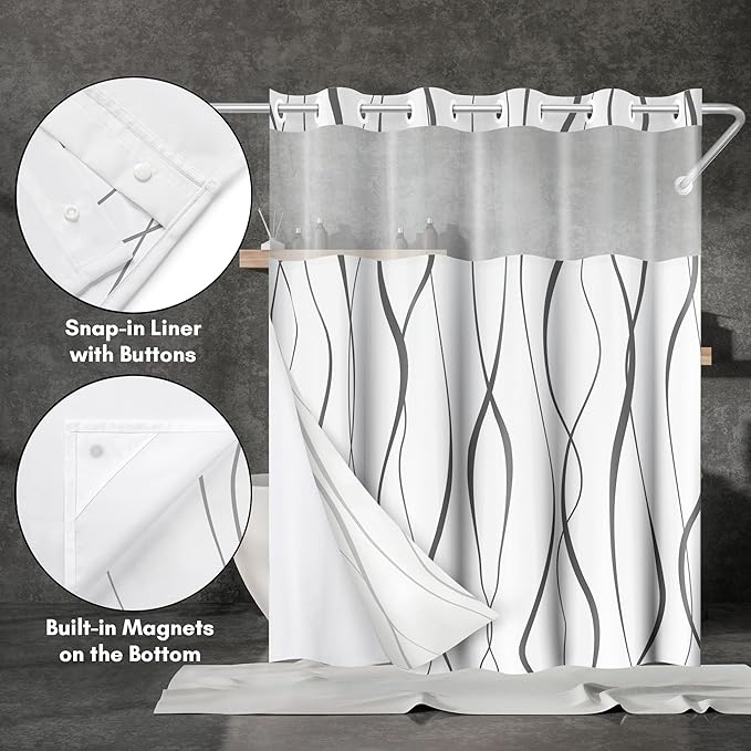 Americanflat 72x75 Hookless Shower Curtain - Water-Resistant Soft Waves Shower Curtain with Sheer Panel, Snap-in Liner, and Durable Grommets - 100% Polyester - Black and White