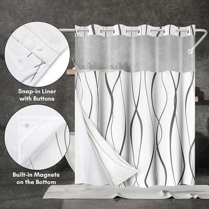Americanflat 72x75 Hookless Shower Curtain - Water-Resistant Soft Waves Shower Curtain with Sheer Panel, Snap-in Liner, and Durable Grommets - 100% Polyester - Black and White