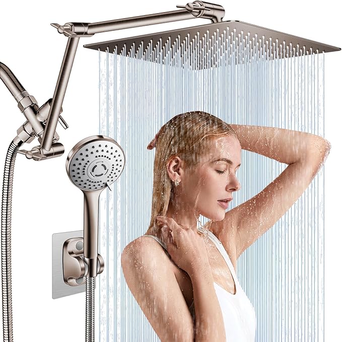 12'' Nickel Shower Head Combo with 16'' Flexible Height/Angle Extension Arm | High Pressure Rainfall Shower Head with 5 Setting Spray Hand held Shower Head, Stainless Steel and Anti-leak