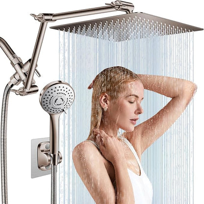 12'' Nickel Shower Head Combo with 16'' Flexible Height/Angle Extension Arm | High Pressure Rainfall Shower Head with 5 Setting Spray Hand held Shower Head, Stainless Steel and Anti-leak