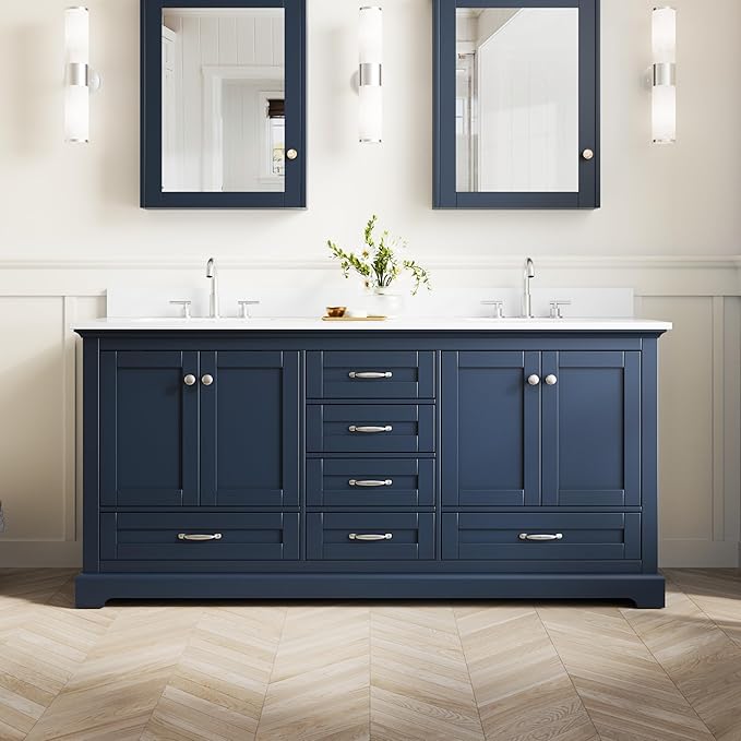WELLFOR 72 Inch Bathroom Vanity with Double Sinks, Solid Wood Bathroom Vanity W/4 Soft-Close Doors and 6 Drawers, Cultured Marble Countertop Bathroom Vanities W/Two Sinks, (Navy Blue)