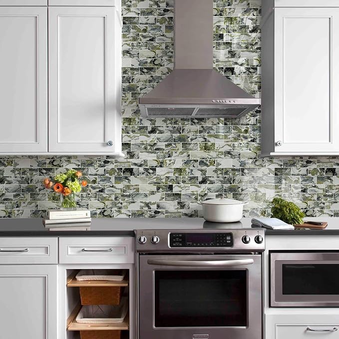 Vamos Tile 100-Piece Glossy Ice Green Peel and Stick Backsplash Tile,3''x6'' PVC Subway Tile with White Grout,Stick on Backsplash for Kitchen/Bathroom/Fireplace