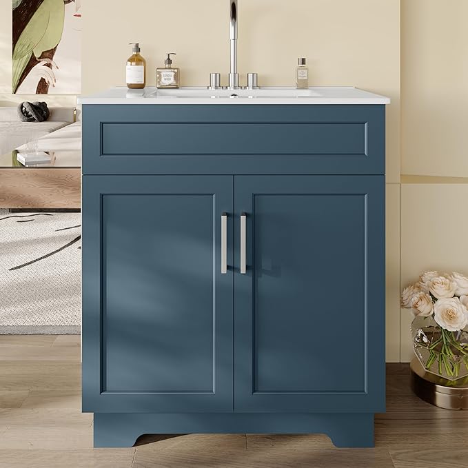 OLD CAPTAIN Bathroom Vanity with Ceramic Sink, 30" Freestanding Bathroom Cabinet Vanity with Storage, Quick Assembly Vanities Cabinet with Sink, Blue
