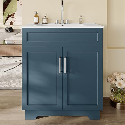 OLD CAPTAIN Bathroom Vanity with Ceramic Sink, 30" Freestanding Bathroom Cabinet Vanity with Storage, Quick Assembly Vanities Cabinet with Sink, Blue