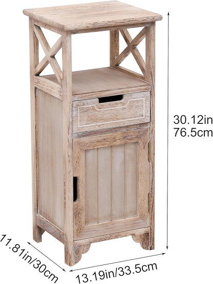 Fully Assembled 30in Height Nightstand, Pre- Assembled Bathroom Floor Cabinet with Shelf and Storage Drawer, Tall End Table No Assembly Chest for Living Room Bedroom-Distressed White