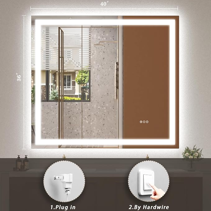 40x36 LED Lighted Bathroom Mirror for Vanity Wall | Front Light and Backlit, Anti-Fog, Memory, 3 Color, Tempered Glass, Dimmable, Rectangular, UL, Horizontal/ Vertical Mounted