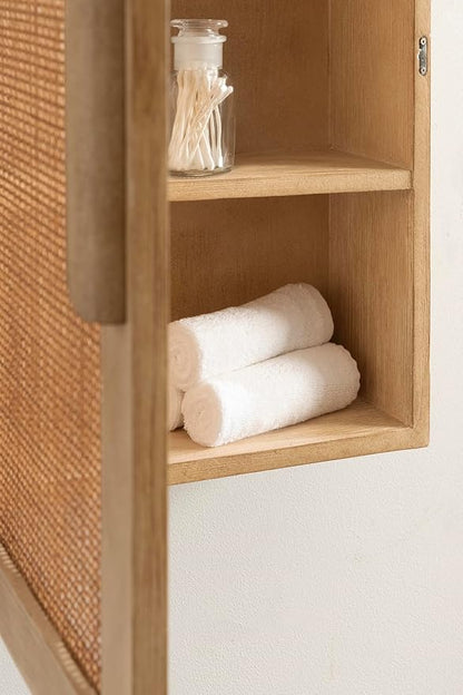 Kate and Laurel Ori Transitional Cane One-Door Arched Wall Cabinet, 15 x 8 x 24, Natural, Decorative Rattan Wall Storage Cabinet with Three Shelves for Entryway or Living Room Decor