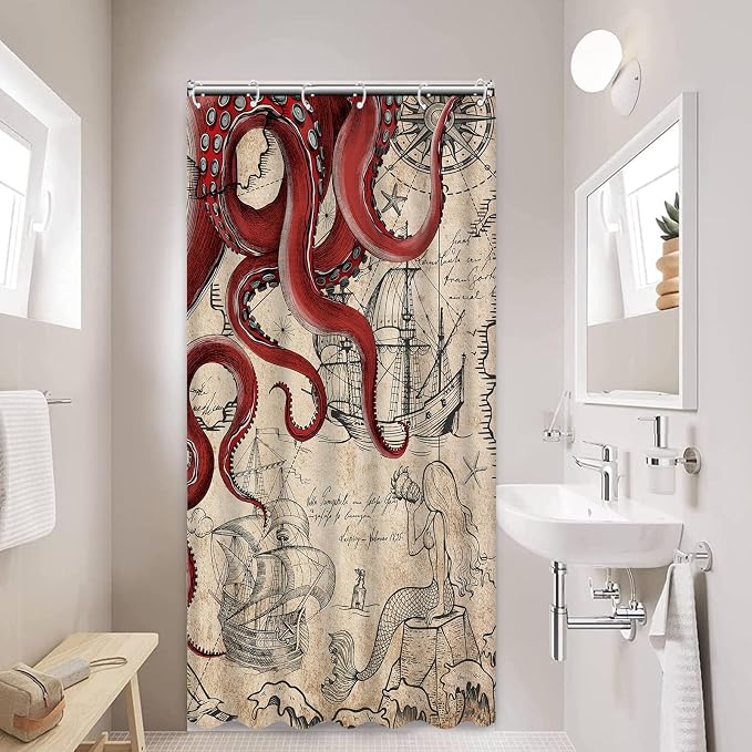 Fungarth Stall Vintage Red Nautical Octopus Shower Curtain Mermaid Funny Ocean Kraken Shower Curtains for Bathroom Cool Anchor Coastal Map Waterproof Fabric Bath Curtain Decor (Retro1, 36” x 72”)