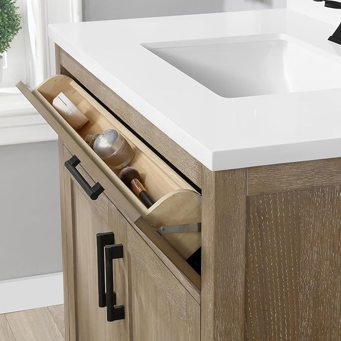 OVE Decors Bailey 36 in. Single Sink Freestanding Driftwood Oak Bathroom Vanity with White Quartz Top and Matching Backsplash