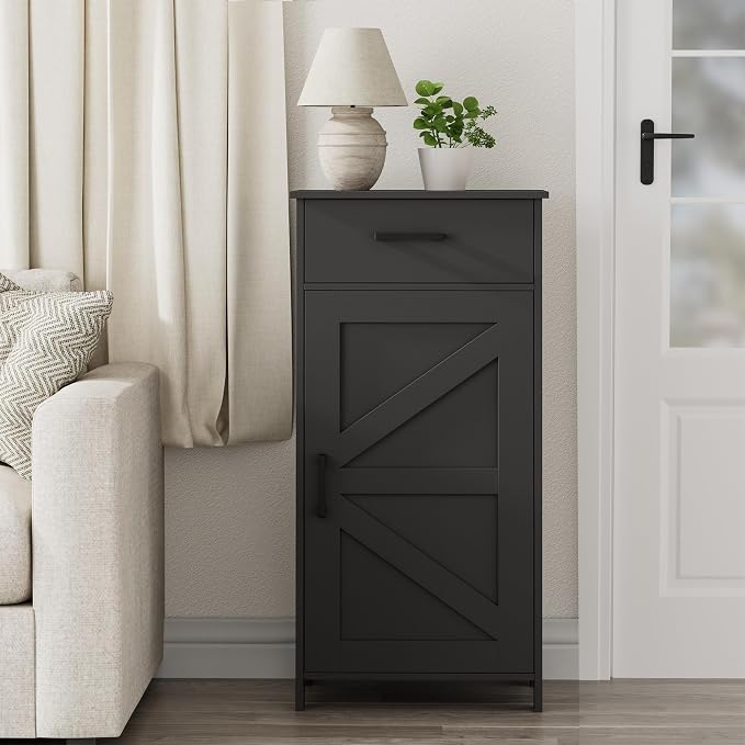 Homhedy Bathroom Storage Cabinet with Drawer & Adjustable Shelf | Freestanding Storage Cabinet for Bathroom, Entryway, Living Room & Kitchen, Black, 15.7"W