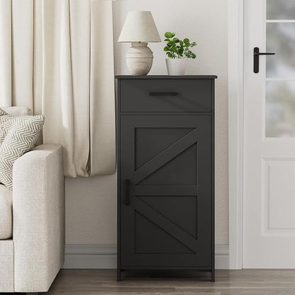 Homhedy Bathroom Storage Cabinet with Drawer & Adjustable Shelf | Freestanding Storage Cabinet for Bathroom, Entryway, Living Room & Kitchen, Black, 15.7"W