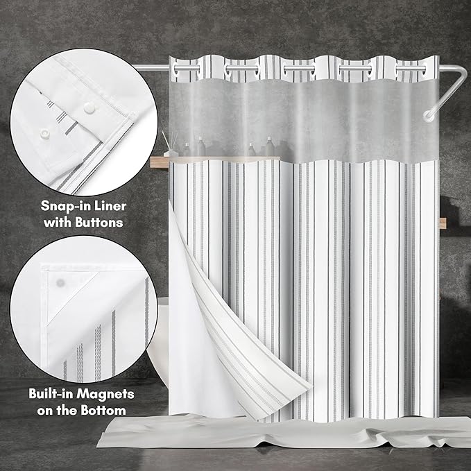 Americanflat 72x75 Hookless Shower Curtain - Water-Resistant Cottage Stripe Shower Curtain with Sheer Panel, Snap-in Liner, and Durable Grommets - 100% Polyester - Black, Grey and White