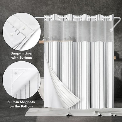 Americanflat 72x75 Hookless Shower Curtain - Water-Resistant Cottage Stripe Shower Curtain with Sheer Panel, Snap-in Liner, and Durable Grommets - 100% Polyester - Black, Grey and White