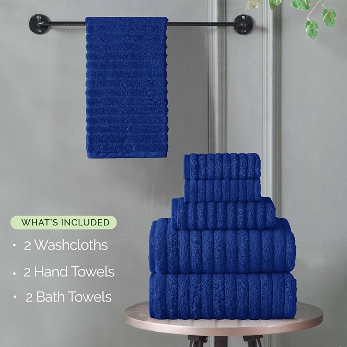 Elegant Comfort 100% Turkish Cotton Corduroy Ribbed Luxury Bath Towels 6-Piece Set, Premium Feel - Quick Dry, Highly Absorbent, Contains 2 Bath Towels, 2 Hand Towels, and 2 Washcloths, Royal Blue