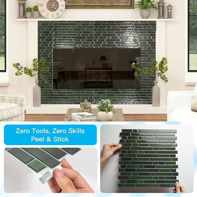 Art3d Linear Design Tile Peel and Stick Backsplash, 10-Sheet, Dark Green | 12 x 12 Inch, Enhanced Thickness, Warp Resistant, Strong Adhesion, Sturdy, for Kitchen, Bedroom, Ideal for Home Improvement