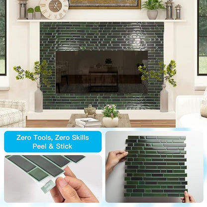 Art3d Linear Design Tile Peel and Stick Backsplash, 10-Sheet, Dark Green | 12 x 12 Inch, Enhanced Thickness, Warp Resistant, Strong Adhesion, Sturdy, for Kitchen, Bedroom, Ideal for Home Improvement