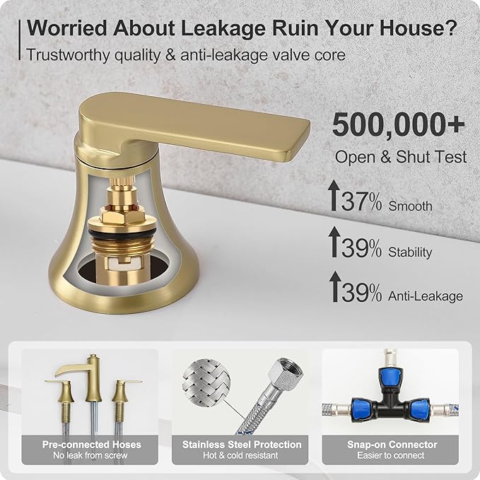 Brushed Gold Bathroom Faucet, 8 Inch Waterfall Bathroom Sink Faucet, Brass Widespread 3 Hole Bathroom Faucets, 2 Handles Faucets for Bathroom Sinks with Pop-up Drain for Vanity