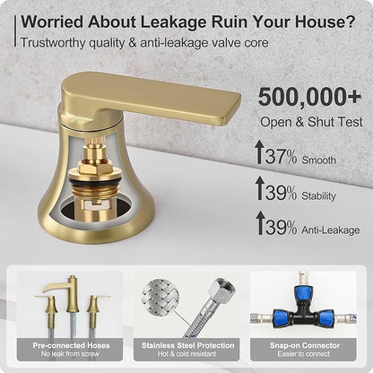 Brushed Gold Bathroom Faucet, 8 Inch Waterfall Bathroom Sink Faucet, Brass Widespread 3 Hole Bathroom Faucets, 2 Handles Faucets for Bathroom Sinks with Pop-up Drain for Vanity