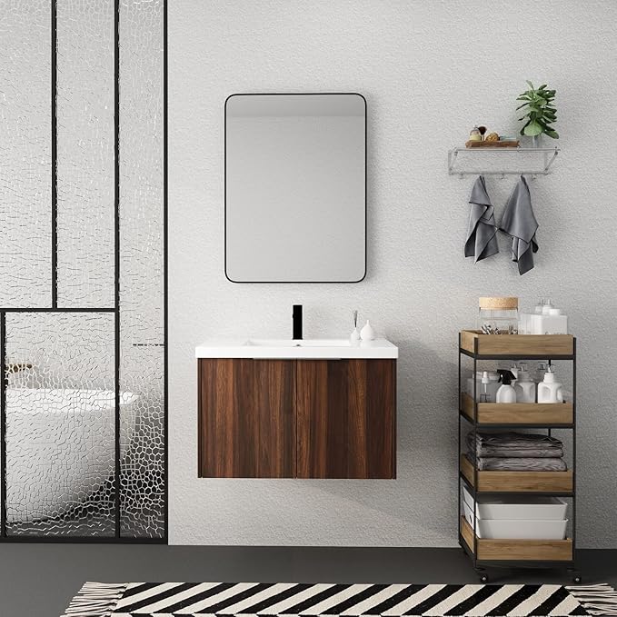 Henf 30inch Floating Bathroom Vanity Cabinet with Sink Combo, Modern Wall Mounted Solid Wood Cabinet with White Gel Basin Sink Bathroom Storage Cabinet with 2 Soft Close Doors