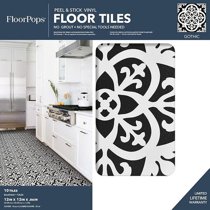 FloorPops FP2475 Gothic Peel & Stick Floor Tiles, Black (Pack of 2)