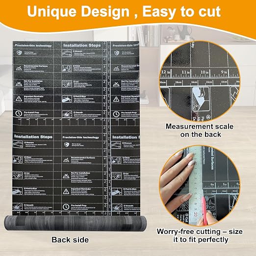 Countewol Stick Vinyl Flooring Roll, Dark Grey Spliced Wood Grain PVC Floor Sheet, Waterproof Scratch Resistant Self Adhesive Flooring for Indoor Home, Camper & Rental House