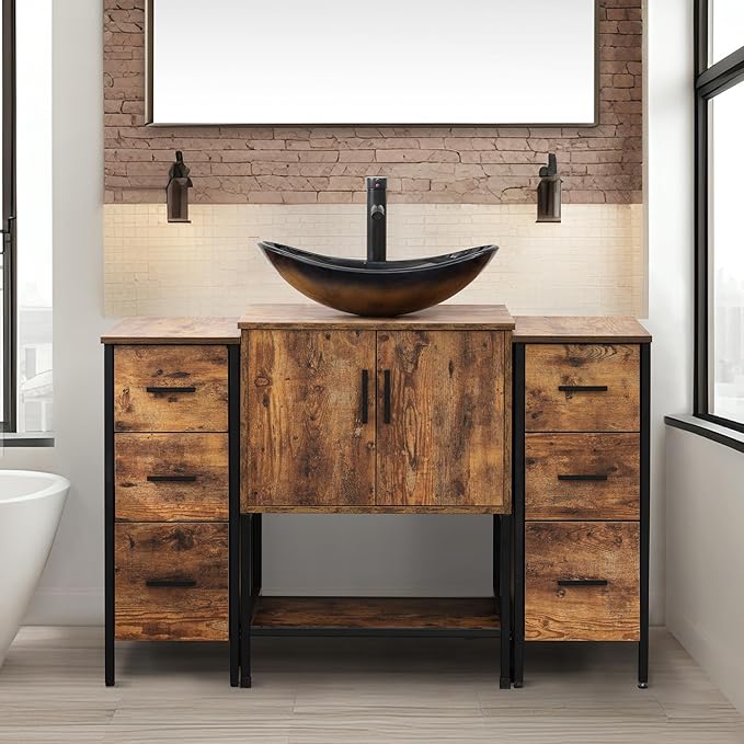 UEV 48" Rustic Brown Bathroom Vanity with Sink Combo,Industrial Iron Frame Bathroom Cabinet Sets with Double 3 Drawers Side Cabinet,Modern Champagne Boat Tempered Glass Vessel Sink(029CH)