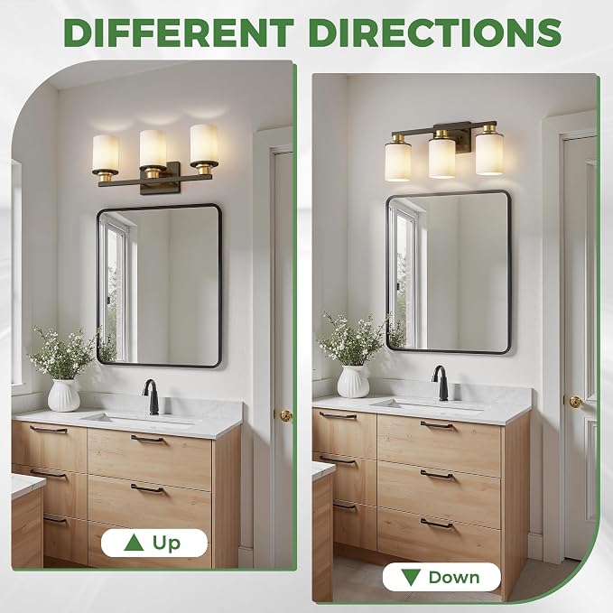17 Inch Bathroom Light Fixtures, 3-Light Black and Gold Bathroom Lighting Fixtures Over Mirror with Milk Glass Shade, Vanity Lights for Living Room Bedroom