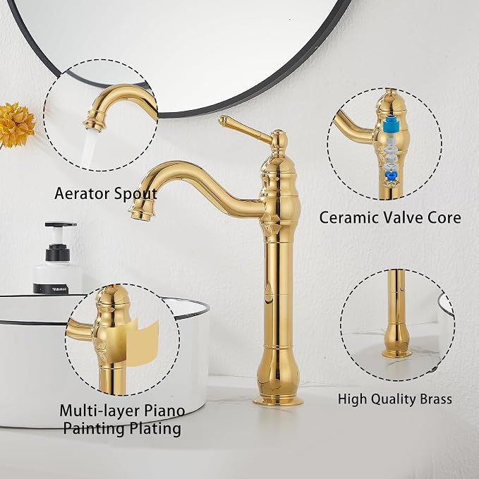 Single Handle Bathroom Vessel Sink Faucet, Polished Gold | 360° Swivel, Single-Handle One Hole, Matching Pop Up Drain, Farmhouse Style
