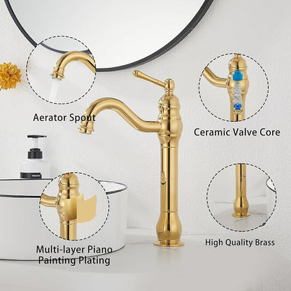 Single Handle Bathroom Vessel Sink Faucet, Polished Gold | 360° Swivel, Single-Handle One Hole, Matching Pop Up Drain, Farmhouse Style