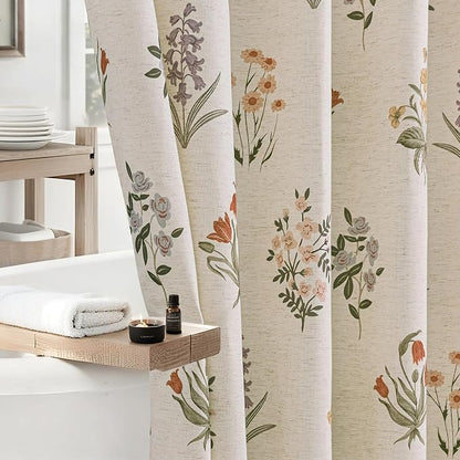 ORTIGIA Linen Textured Ruffle Shower Curtain with Metal Hooks, Vintage Boho Farmhouse Floral Linen Cottagecore Shower Curtain Bathroom Waterproof 72x72 Inch