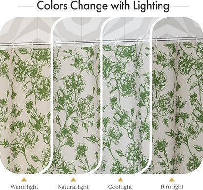 AmazerBath Sage Green Floral Shower Curtain, Modern Farmhouse Shower Curtain Set with Tassels, Rustic Faux Linen Shower Curtain Washable with Hooks for Cottagecore Style, 72x72 Inches