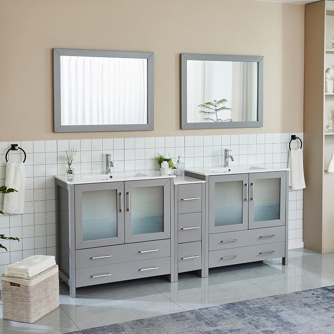 Vanity Art 84 Inch Under Mount Double Sink Bathroom Vanity Cabinet with 2 Mirrors, Ceramic Top Bathroom Cabinet Compact Set with 7 Dovetail Storage Drawers and Brushed Nickel Handles, VA3036-84-G