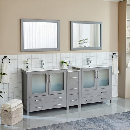 Vanity Art 84 Inch Under Mount Double Sink Bathroom Vanity Cabinet with 2 Mirrors, Ceramic Top Bathroom Cabinet Compact Set with 7 Dovetail Storage Drawers and Brushed Nickel Handles, VA3036-84-G