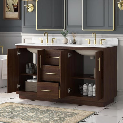 60 Inch Bathroom Vanity with Double Sink, Solid Wood Frame with Engineered Marble Countertop, Fully-Assembled Vanity with Soft-Close Drawers, Adjustable Feets, Warm Elm