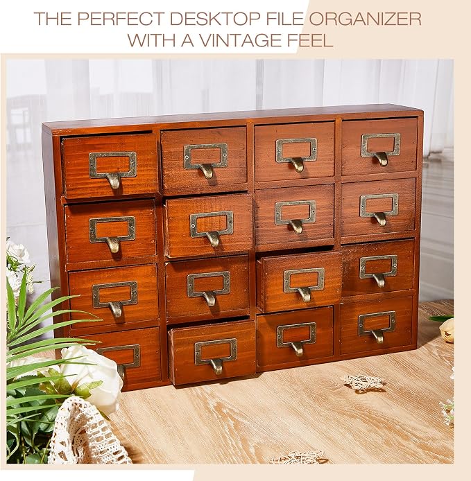 Qinyoung 16 Drawers Apothecary Cabinet Library Card Catalog Cabinet Tabletop Vintage Apothecary Chests Cabinets Rustic Herb Storage Box with Drawers Wooden Desk Drawer Organizer Medicine Furniture